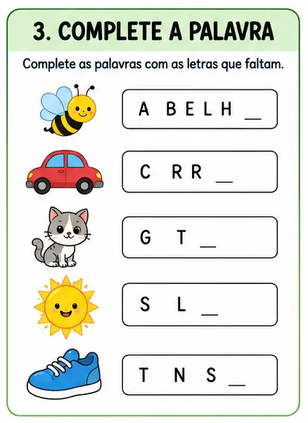 Exemplo da atividade Complete a palavra