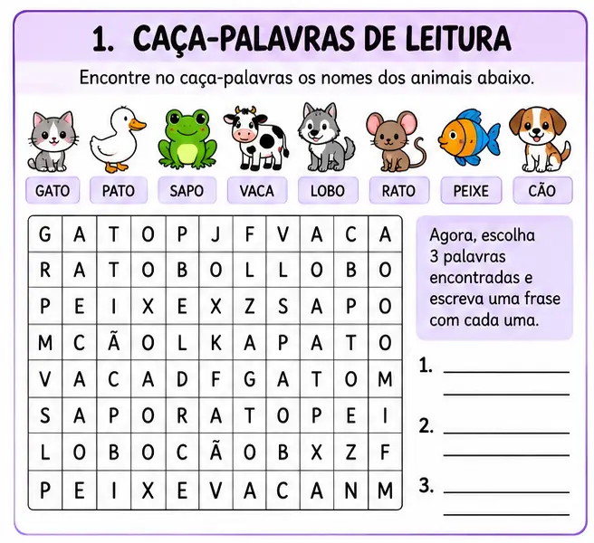 Criança realizando o bônus Caça-Palavras de Leitura