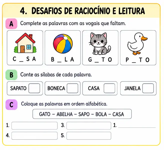 Criança realizando o bônus Desafios de Raciocínio e Leitura