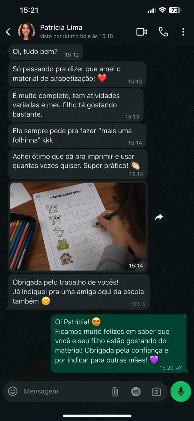 Feedback de Thaís Oliveira sobre o material de alfabetização